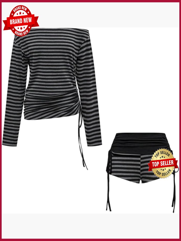 Women's 2 Piece Striped Outfit Off Shoulder Top With Mini Shorts